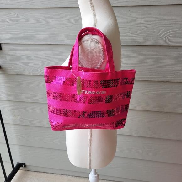 NWT Victoria's Secret Small Petite Sequin Pink Striped Canvas Shimmery Tote Bag - Picture 2 of 10